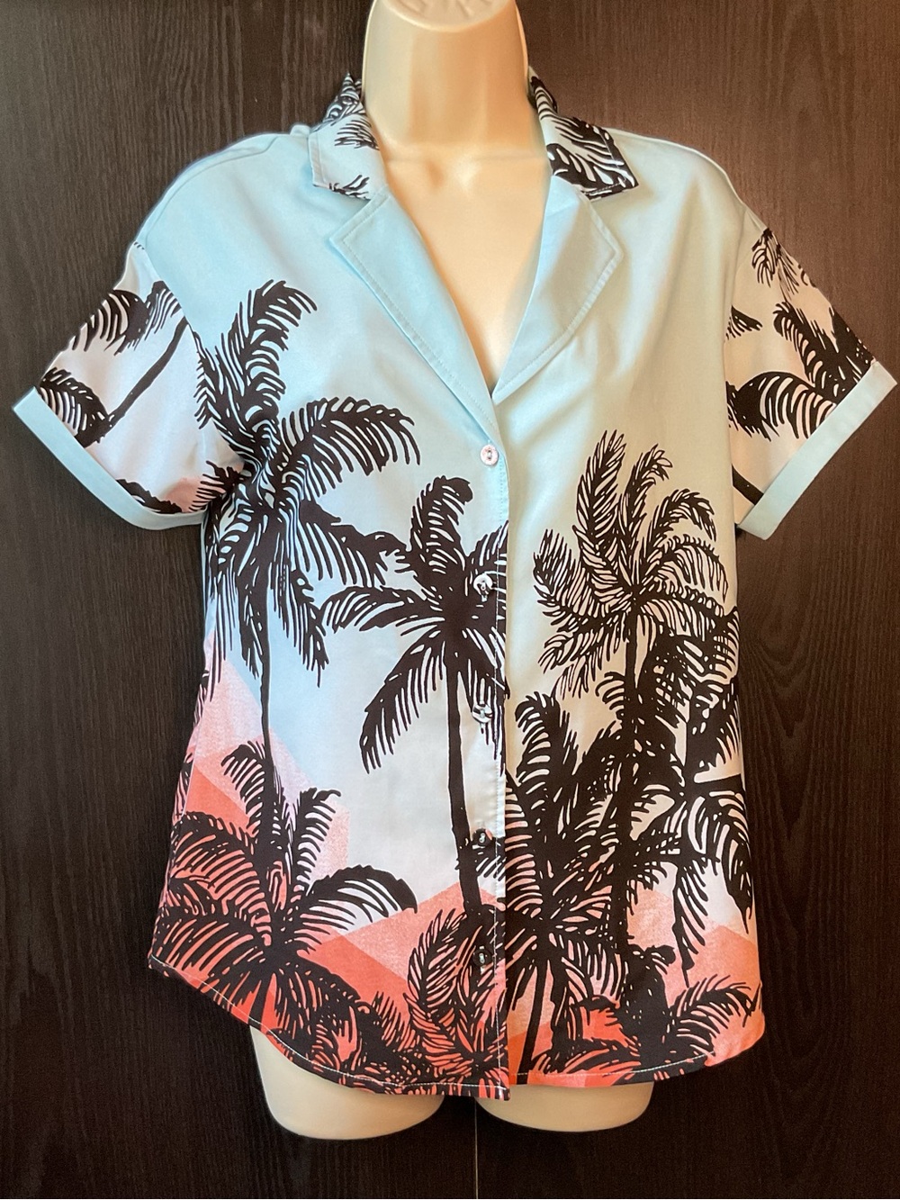 Allegra K Light Blue and Pink Palm Print Button-Down Shirt